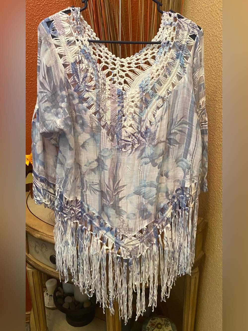 Cirana - EUC -Lavender / Light Blue Floral Crochet Fringe Women’s Top